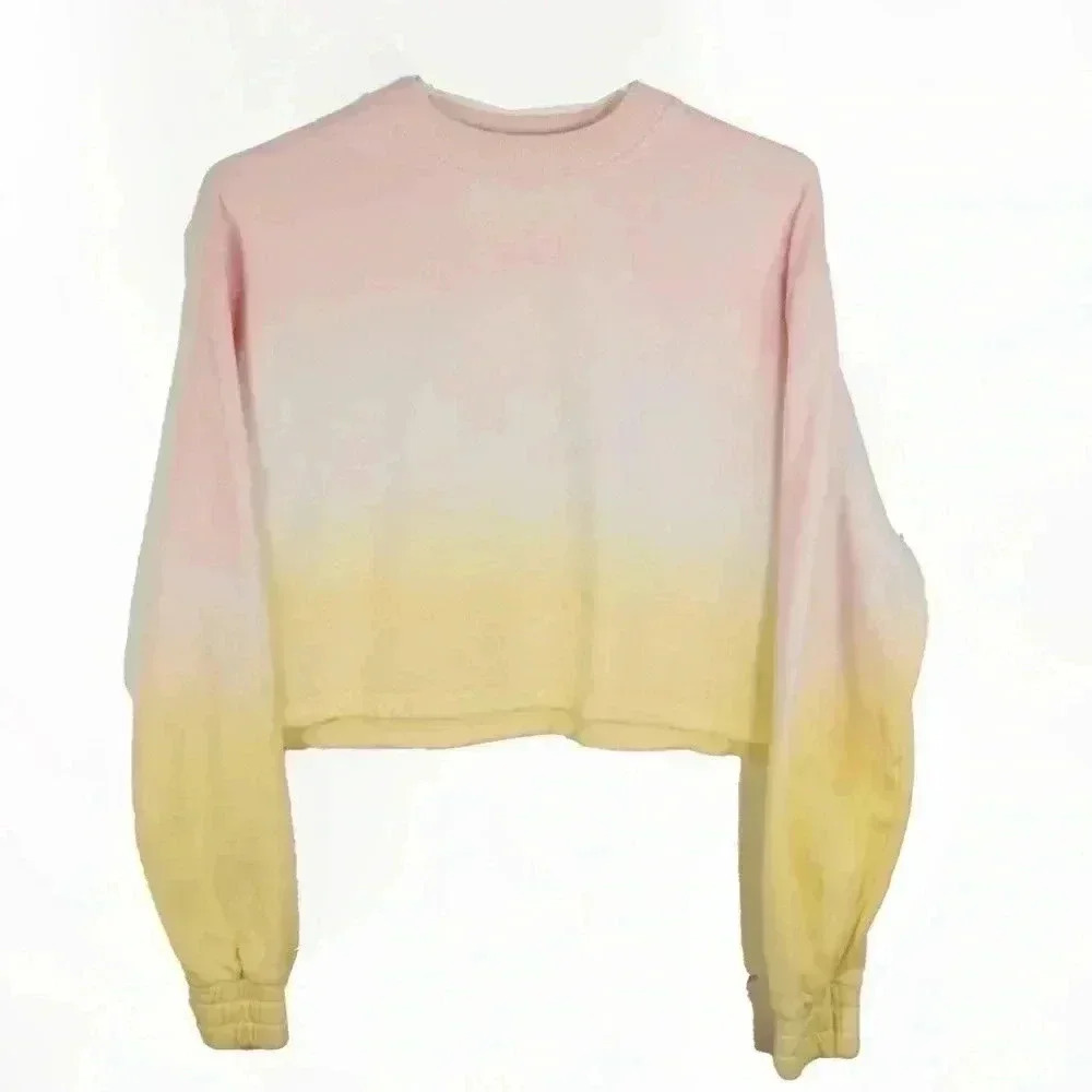 Apparis Pastel Pink Yellow Ombre Crop Pullover  Sweatershirt